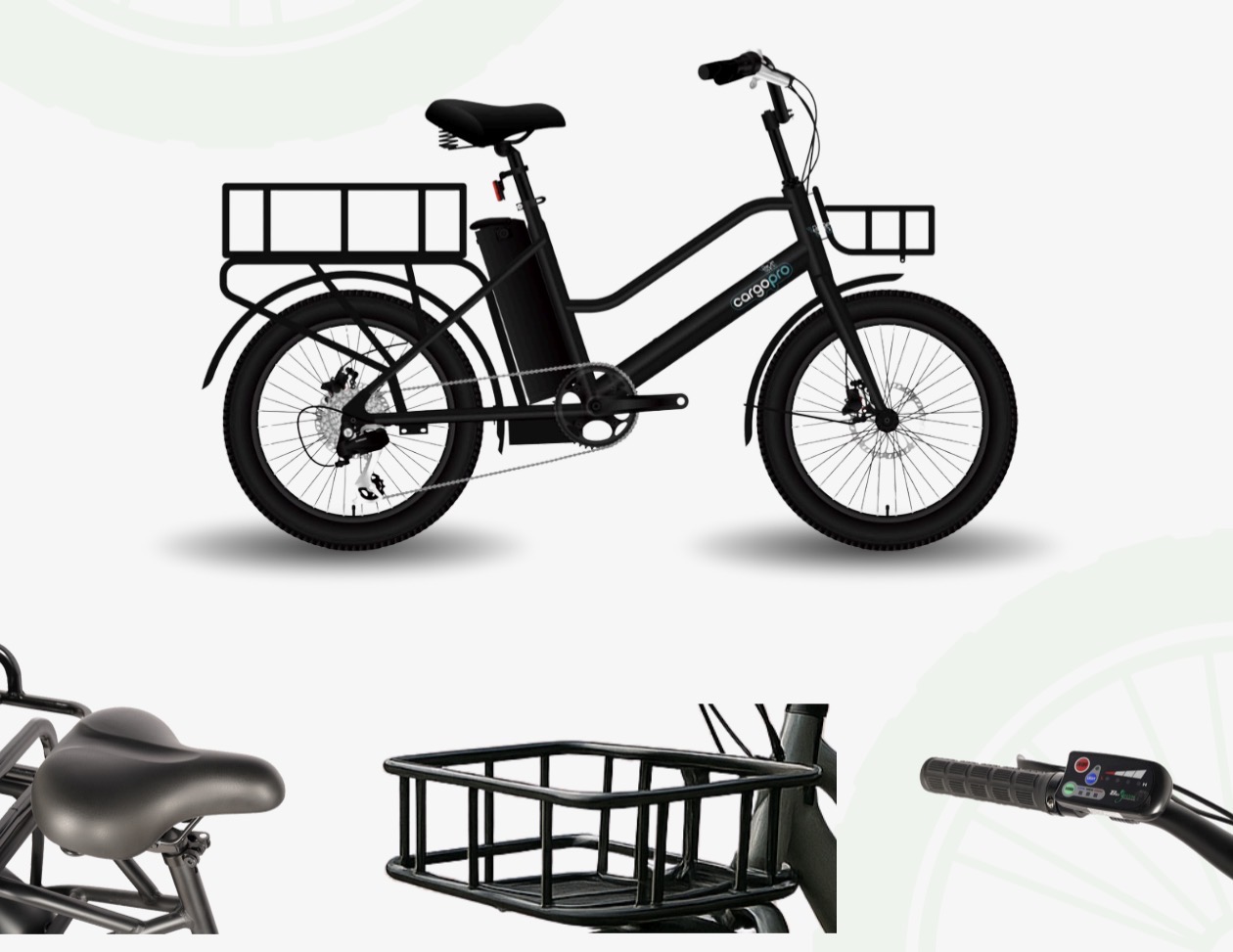 Détails du vélo CARGO PRO : selle, panier, poignée et afficheur